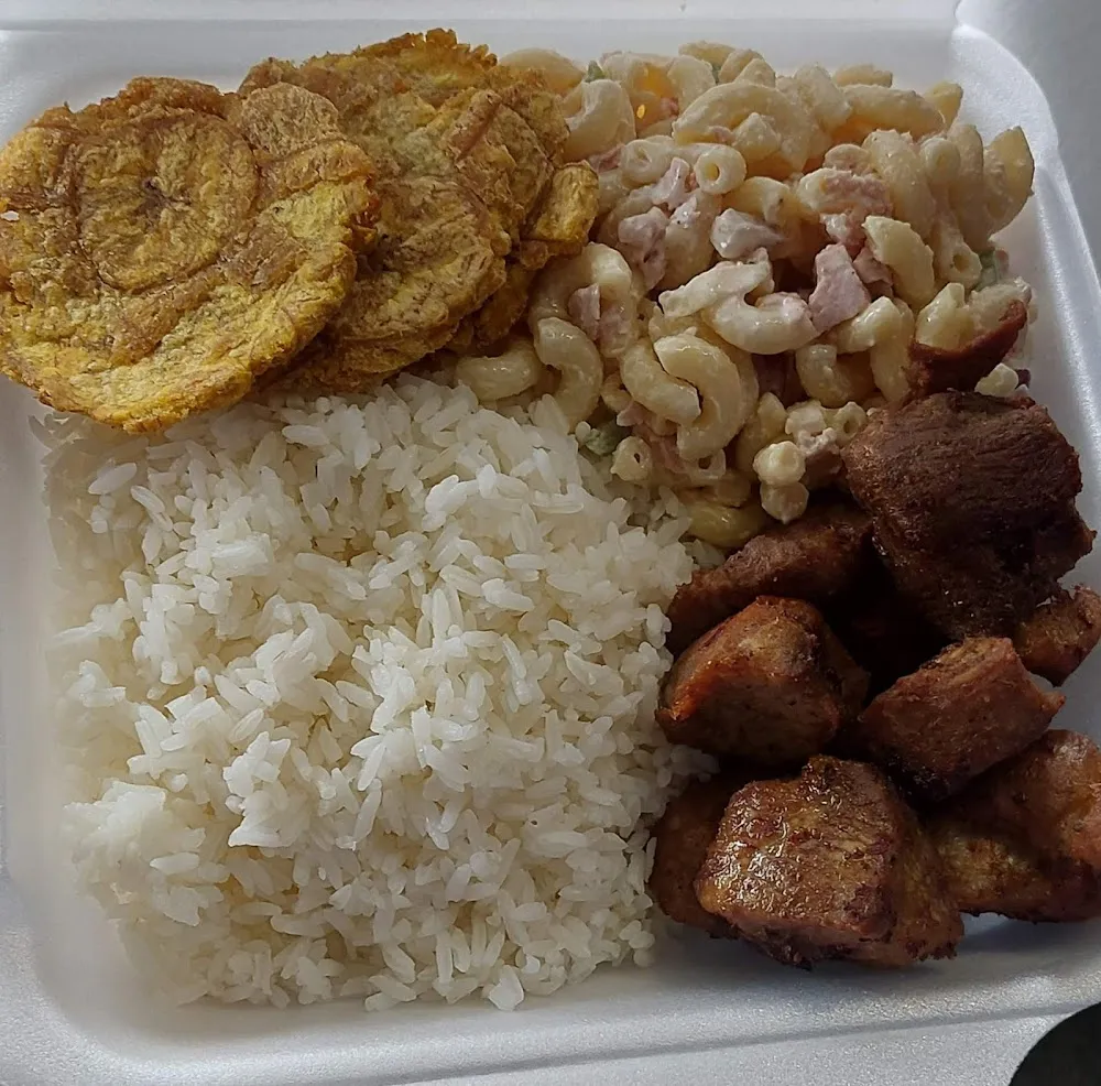 White Rice Fried Pork Tostones w Pasta Salad